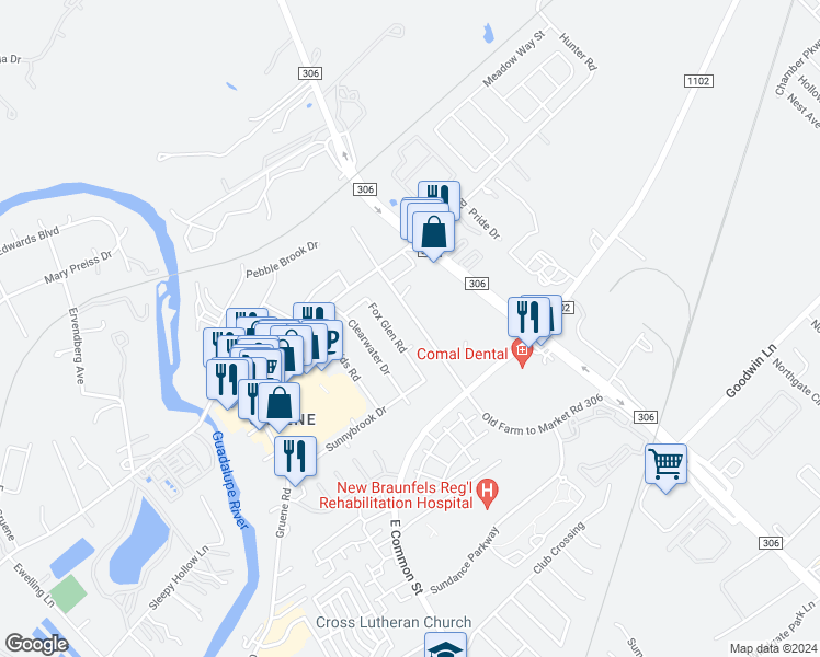 map of restaurants, bars, coffee shops, grocery stores, and more near 1249 Old Farm to Market Road 306 in New Braunfels