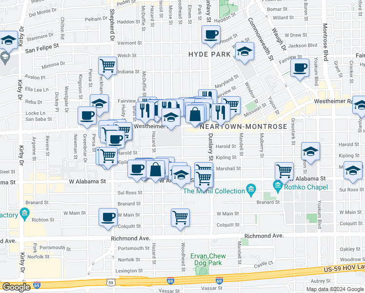 map of restaurants, bars, coffee shops, grocery stores, and more near Woodhead Street & Harold Street in Houston