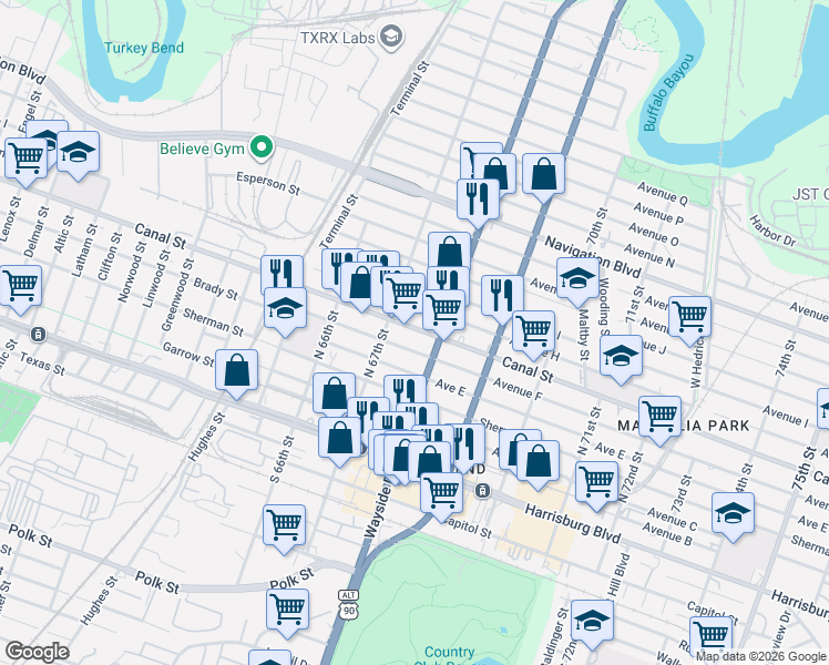 map of restaurants, bars, coffee shops, grocery stores, and more near 6734 Avenue F in Houston