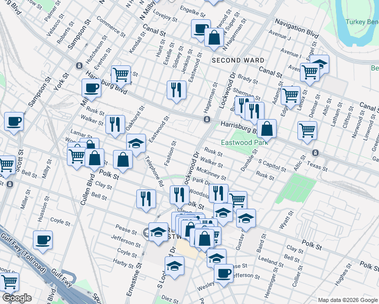 map of restaurants, bars, coffee shops, grocery stores, and more near 4539 McKinney Street in Houston