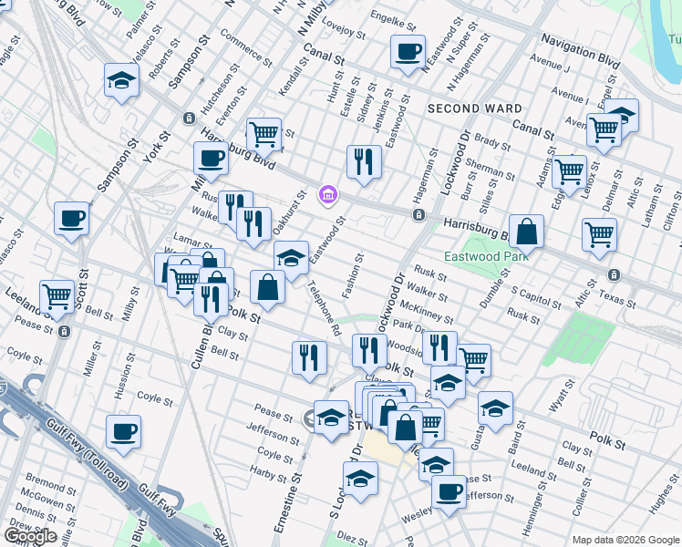 map of restaurants, bars, coffee shops, grocery stores, and more near 4502 McKinney Street in Houston