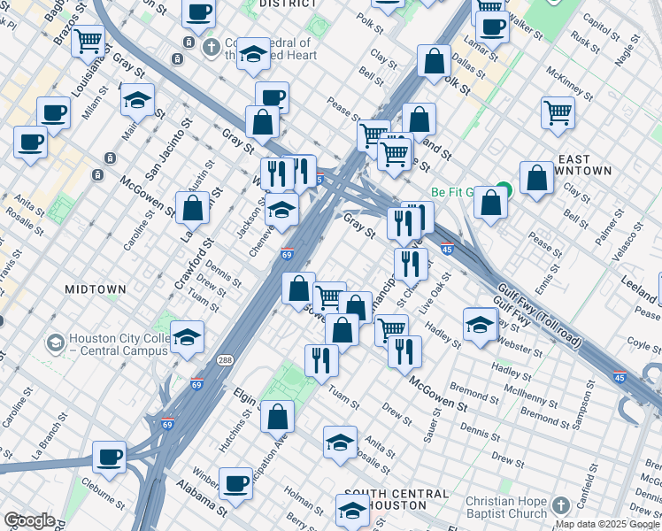 map of restaurants, bars, coffee shops, grocery stores, and more near 2309 Hutchins Street in Houston