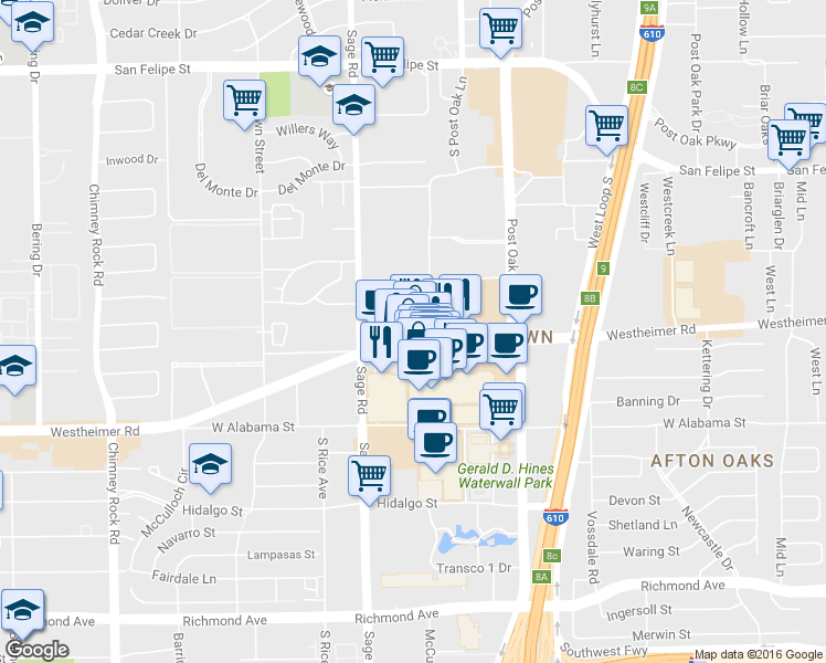 map of restaurants, bars, coffee shops, grocery stores, and more near 5101 Westheimer Road in Houston