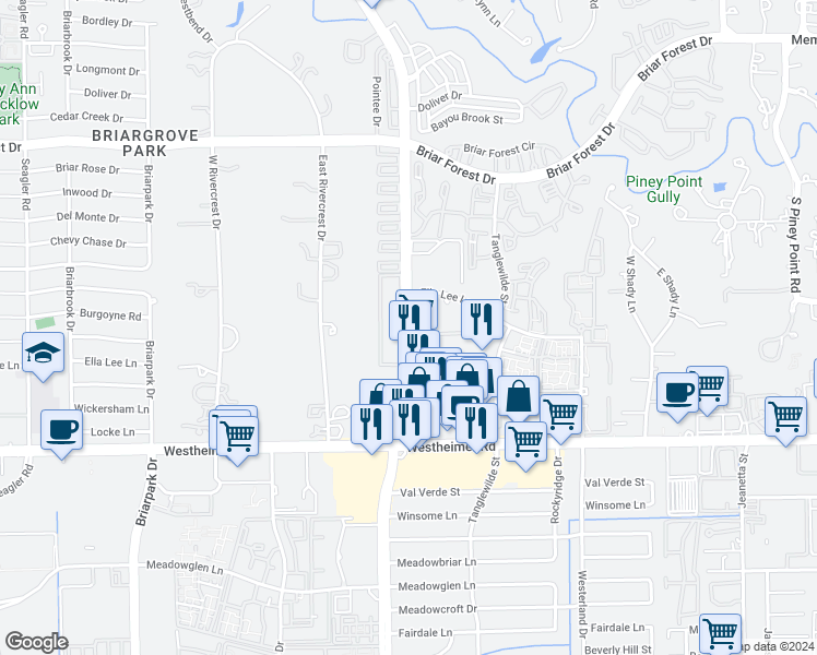 map of restaurants, bars, coffee shops, grocery stores, and more near 2405A South Gessner Road in Houston