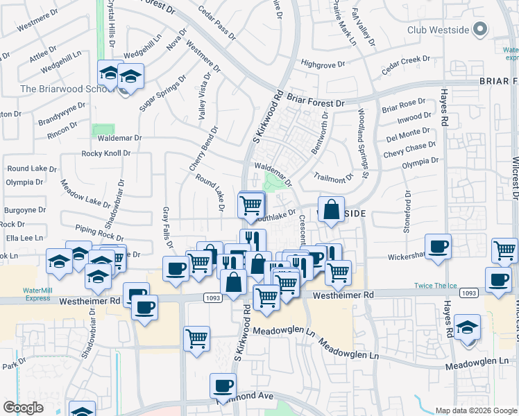 map of restaurants, bars, coffee shops, grocery stores, and more near 24 Southlake Drive in Houston