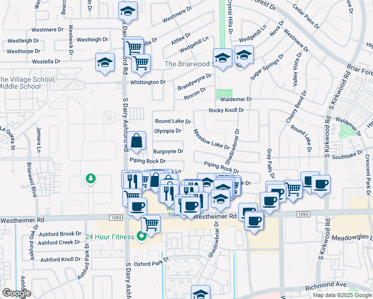 map of restaurants, bars, coffee shops, grocery stores, and more near 12430 Piping Rock Drive in Houston
