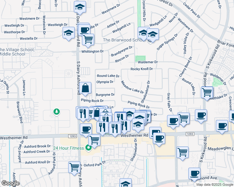 map of restaurants, bars, coffee shops, grocery stores, and more near 12430 Piping Rock Drive in Houston