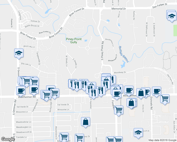 map of restaurants, bars, coffee shops, grocery stores, and more near 27 East Shady Lane in Houston