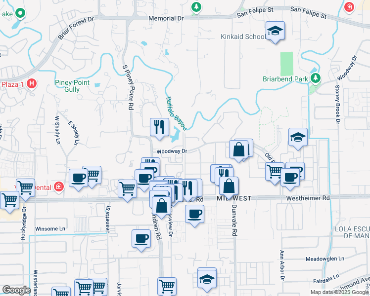 map of restaurants, bars, coffee shops, grocery stores, and more near 8700 Woodway Drive in Houston