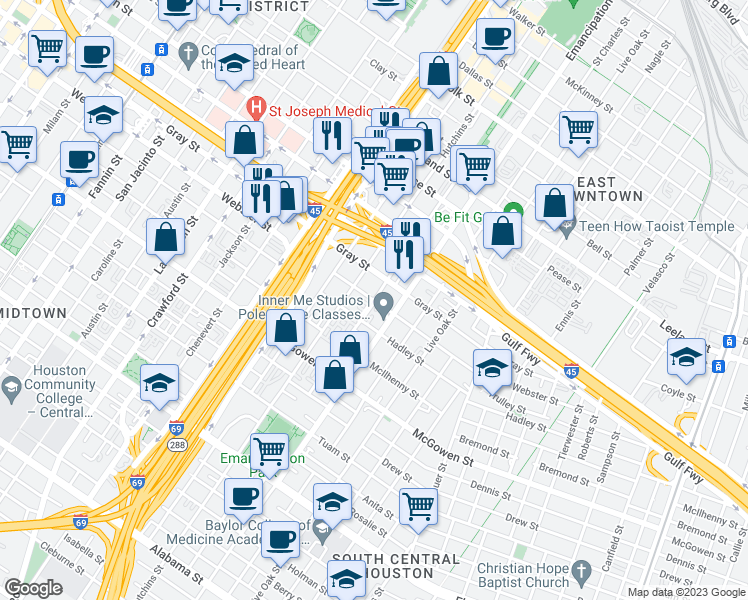map of restaurants, bars, coffee shops, grocery stores, and more near Webster Street & Bastrop Street in Houston