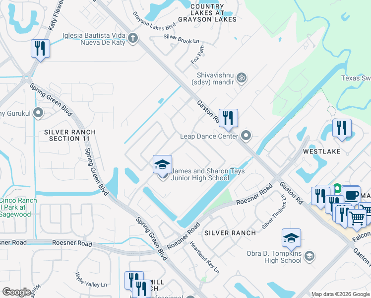map of restaurants, bars, coffee shops, grocery stores, and more near 2307 Blue Jay Lane in Katy