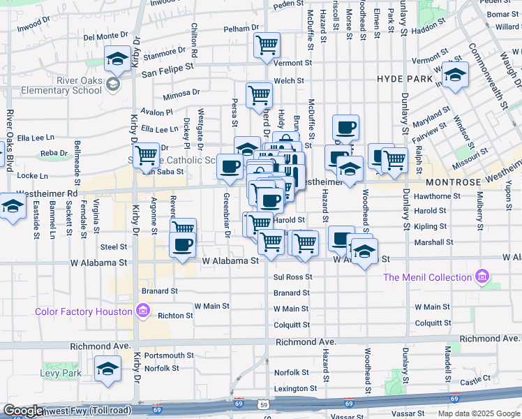 map of restaurants, bars, coffee shops, grocery stores, and more near 2611 South Shepherd Drive in Houston