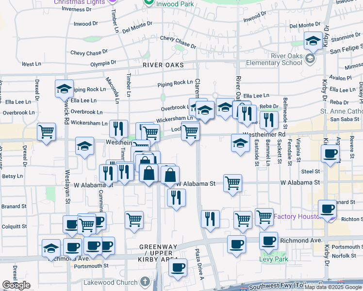 map of restaurants, bars, coffee shops, grocery stores, and more near 3435 Westheimer Road in Houston