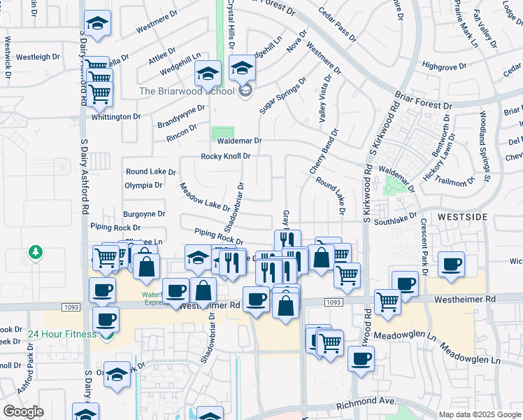 map of restaurants, bars, coffee shops, grocery stores, and more near 12114 Meadow Lake Drive in Houston