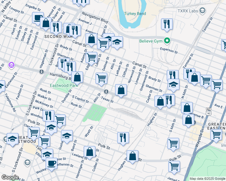 map of restaurants, bars, coffee shops, grocery stores, and more near 221 Latham Street in Houston