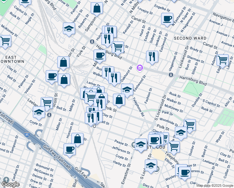 map of restaurants, bars, coffee shops, grocery stores, and more near 4120 McKinney Street in Houston