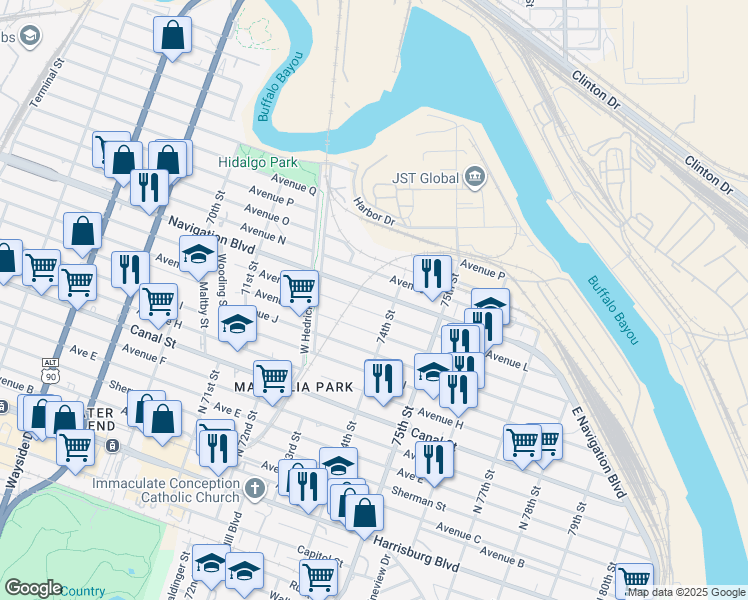 map of restaurants, bars, coffee shops, grocery stores, and more near 7251 Navigation Boulevard in Houston