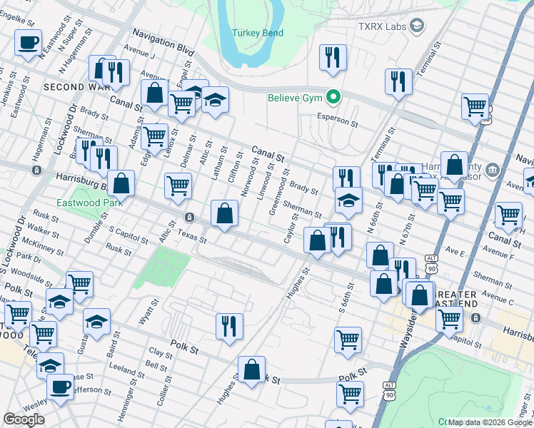 map of restaurants, bars, coffee shops, grocery stores, and more near 201 Linwood Street in Houston