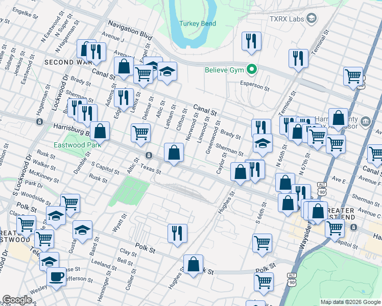 map of restaurants, bars, coffee shops, grocery stores, and more near 201 Linwood Street in Houston