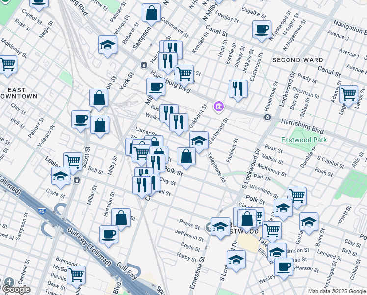 map of restaurants, bars, coffee shops, grocery stores, and more near 4120 McKinney Street in Houston