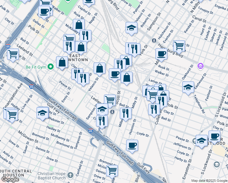 map of restaurants, bars, coffee shops, grocery stores, and more near 3505 Clay Street in Houston