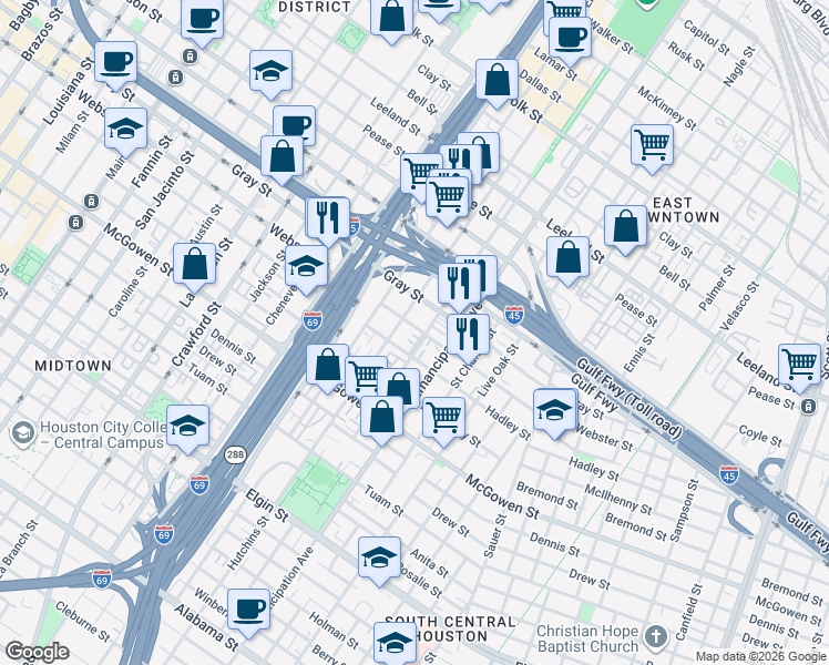 map of restaurants, bars, coffee shops, grocery stores, and more near 2109 Hutchins Street in Houston