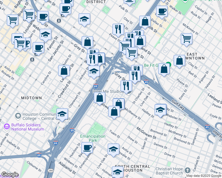map of restaurants, bars, coffee shops, grocery stores, and more near 2104 Webster Street in Houston