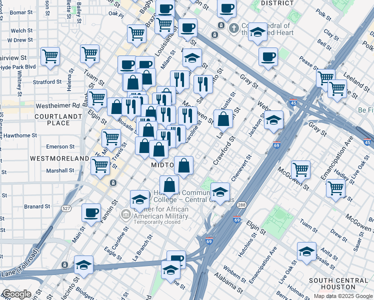 map of restaurants, bars, coffee shops, grocery stores, and more near 1200 Tuam Street in Houston