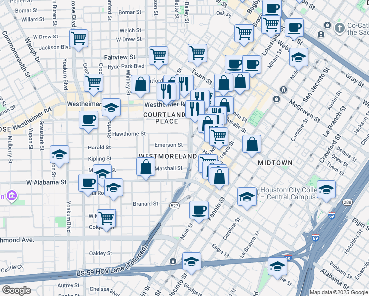 map of restaurants, bars, coffee shops, grocery stores, and more near 201 Hawthorne Street in Houston
