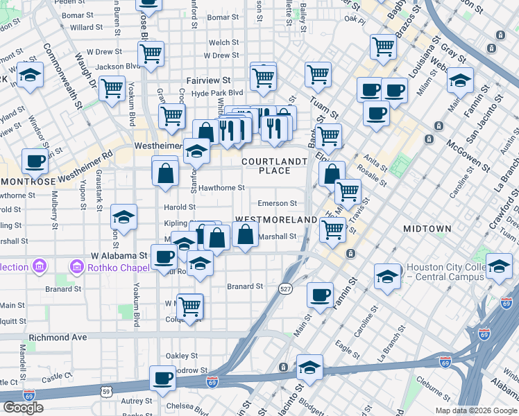map of restaurants, bars, coffee shops, grocery stores, and more near 425 Hawthorne Street in Houston