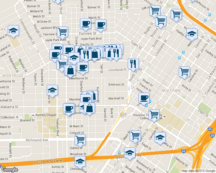 map of restaurants, bars, coffee shops, grocery stores, and more near 425 Hawthorne Street in Houston