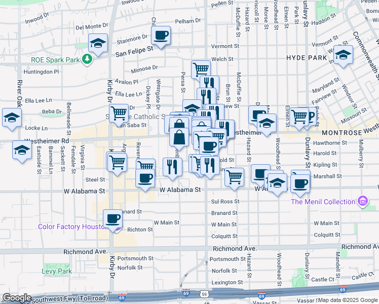 map of restaurants, bars, coffee shops, grocery stores, and more near 2119 Westheimer Road in Houston