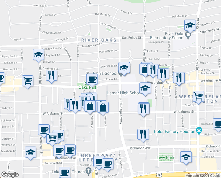 map of restaurants, bars, coffee shops, grocery stores, and more near 3433 Westheimer Road in Houston