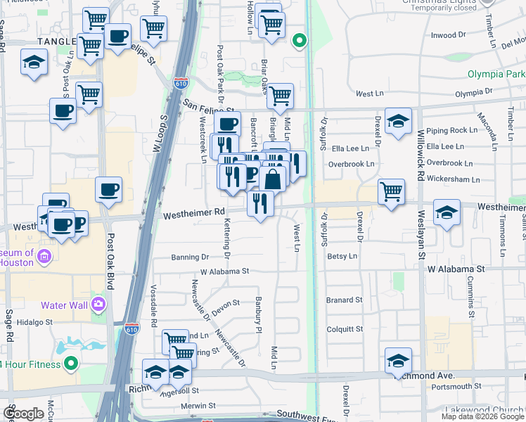 map of restaurants, bars, coffee shops, grocery stores, and more near 4326 Westheimer Road in Houston