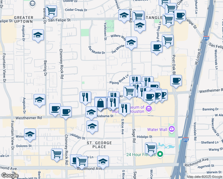 map of restaurants, bars, coffee shops, grocery stores, and more near 5411 Piping Rock Lane in Houston