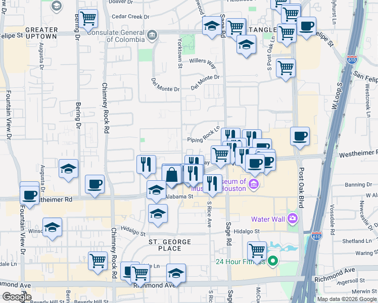 map of restaurants, bars, coffee shops, grocery stores, and more near 5411 Piping Rock Lane in Houston