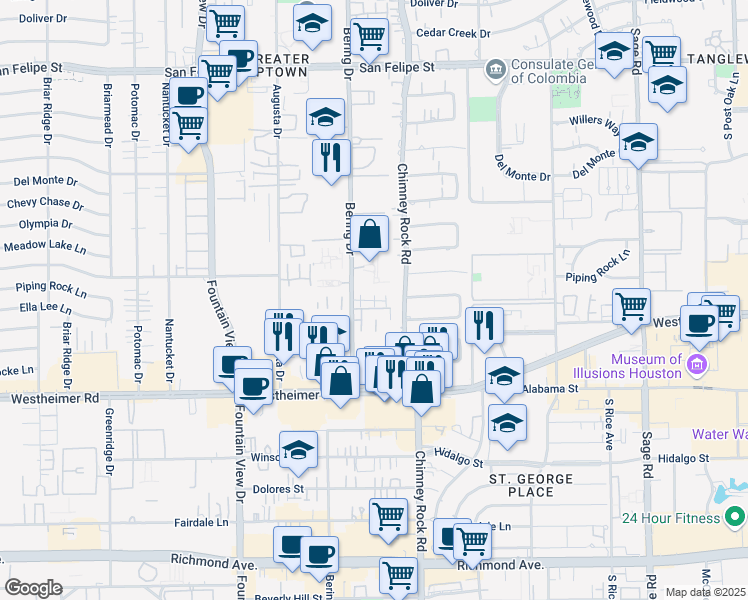 map of restaurants, bars, coffee shops, grocery stores, and more near 2302 Chimney Rock Road in Houston