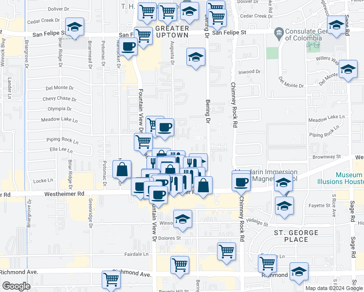 map of restaurants, bars, coffee shops, grocery stores, and more near 2323 Augusta Drive in Houston