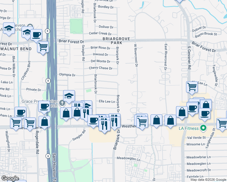 map of restaurants, bars, coffee shops, grocery stores, and more near 10003 Meadow Lake Lane in Houston