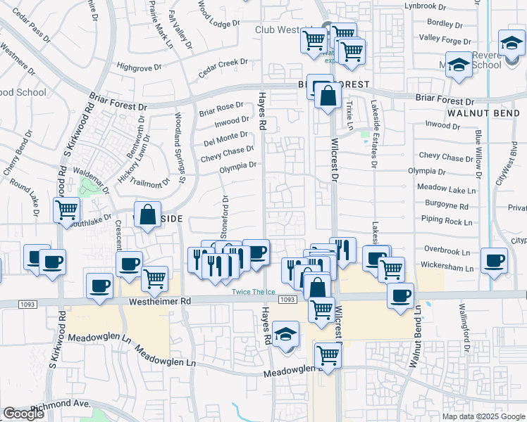 map of restaurants, bars, coffee shops, grocery stores, and more near 11315 Burgoyne Drive in Houston
