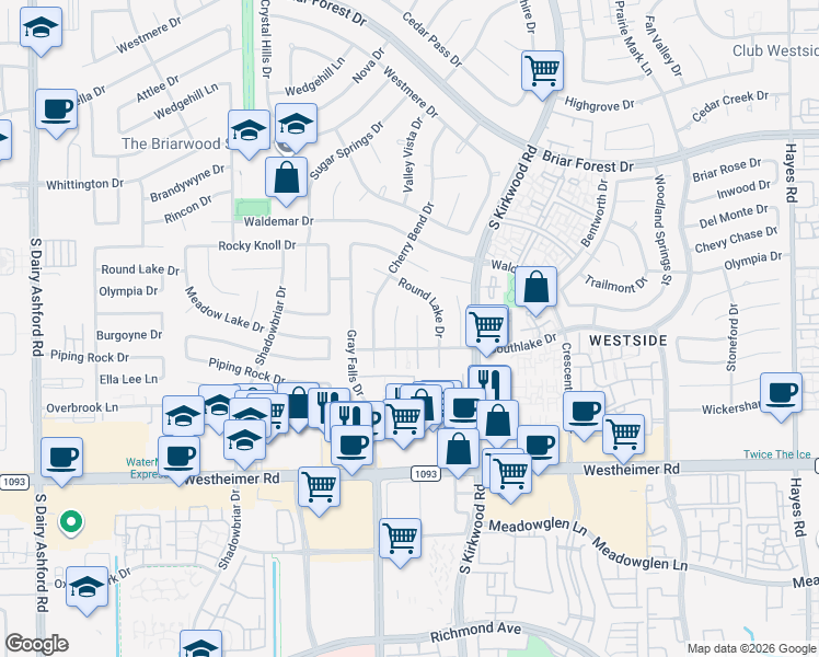 map of restaurants, bars, coffee shops, grocery stores, and more near 2210 Silver Sage Drive in Houston