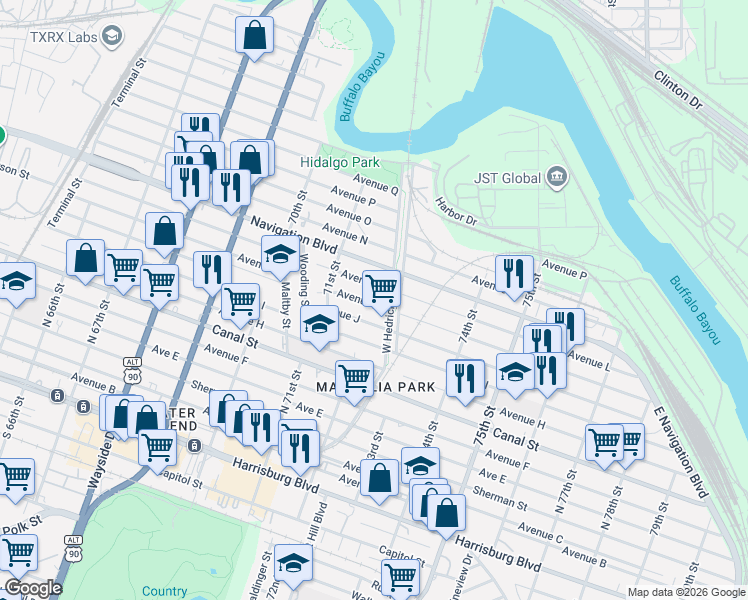 map of restaurants, bars, coffee shops, grocery stores, and more near 7143 Avenue L in Houston