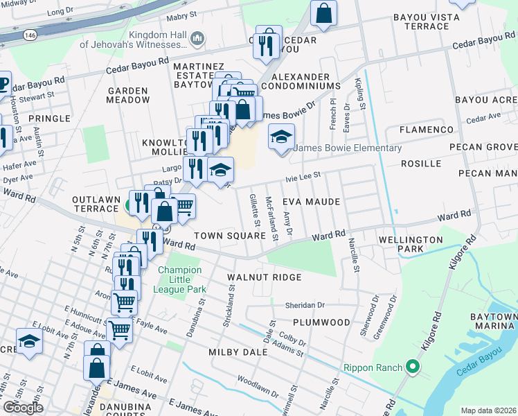 map of restaurants, bars, coffee shops, grocery stores, and more near 1902 Mc Farland Street in Baytown
