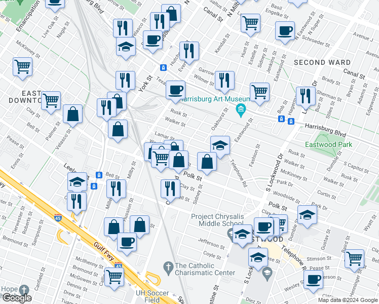 map of restaurants, bars, coffee shops, grocery stores, and more near 4103 Woodleigh Street in Houston