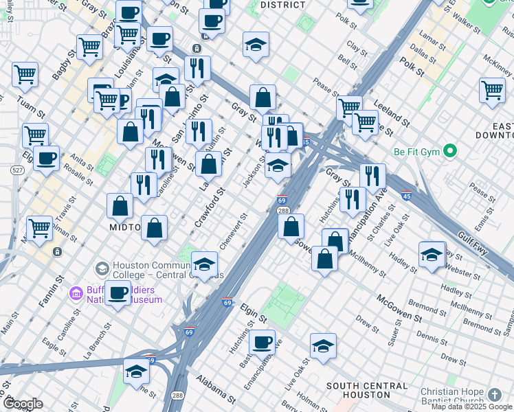 map of restaurants, bars, coffee shops, grocery stores, and more near 1718 Bremond Street in Houston