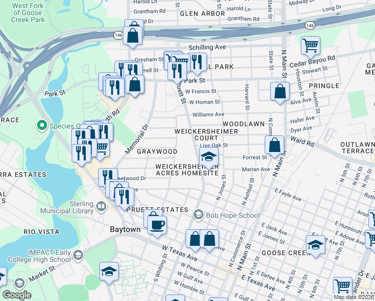 map of restaurants, bars, coffee shops, grocery stores, and more near 1102 North Felton Street in Baytown