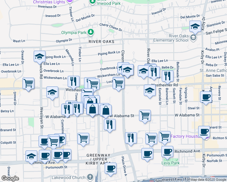 map of restaurants, bars, coffee shops, grocery stores, and more near 3433 Westheimer Road in Houston