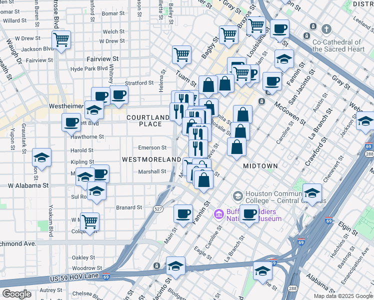 map of restaurants, bars, coffee shops, grocery stores, and more near 3319 Louisiana Street in Houston