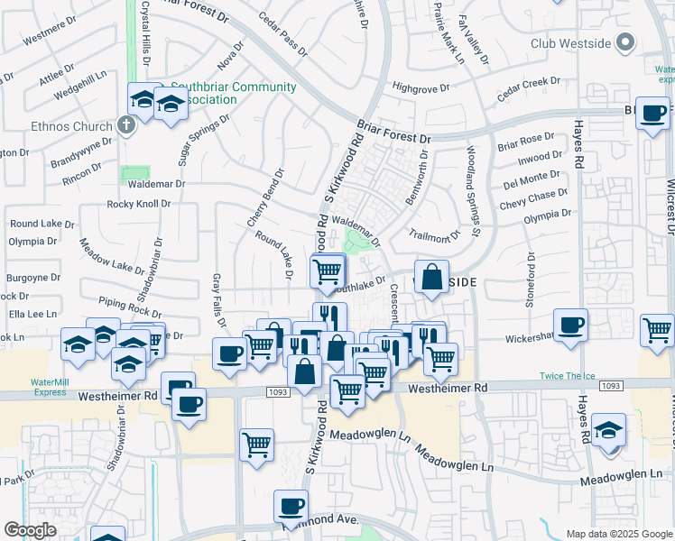 map of restaurants, bars, coffee shops, grocery stores, and more near 2277 South Kirkwood Road in Houston