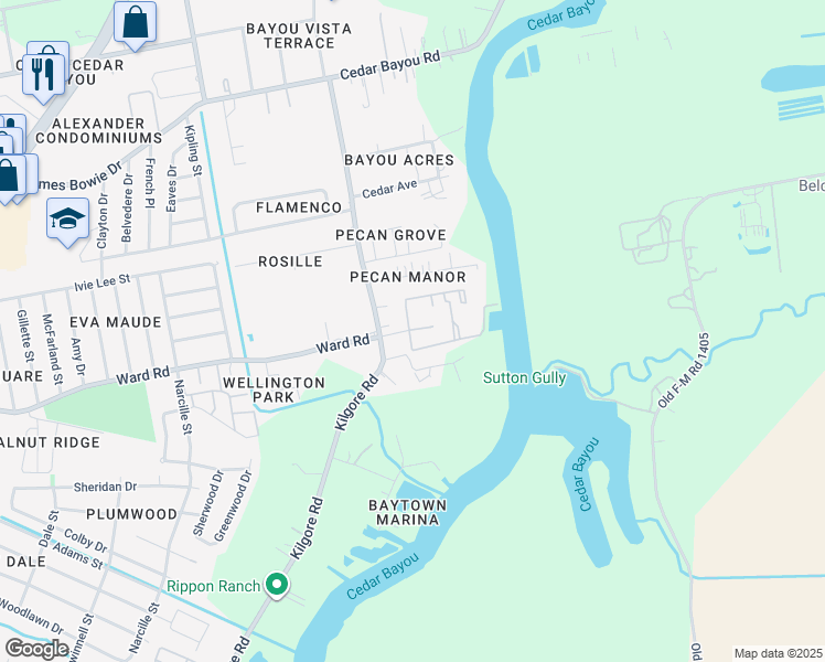 map of restaurants, bars, coffee shops, grocery stores, and more near 2700 Ward Road in Baytown